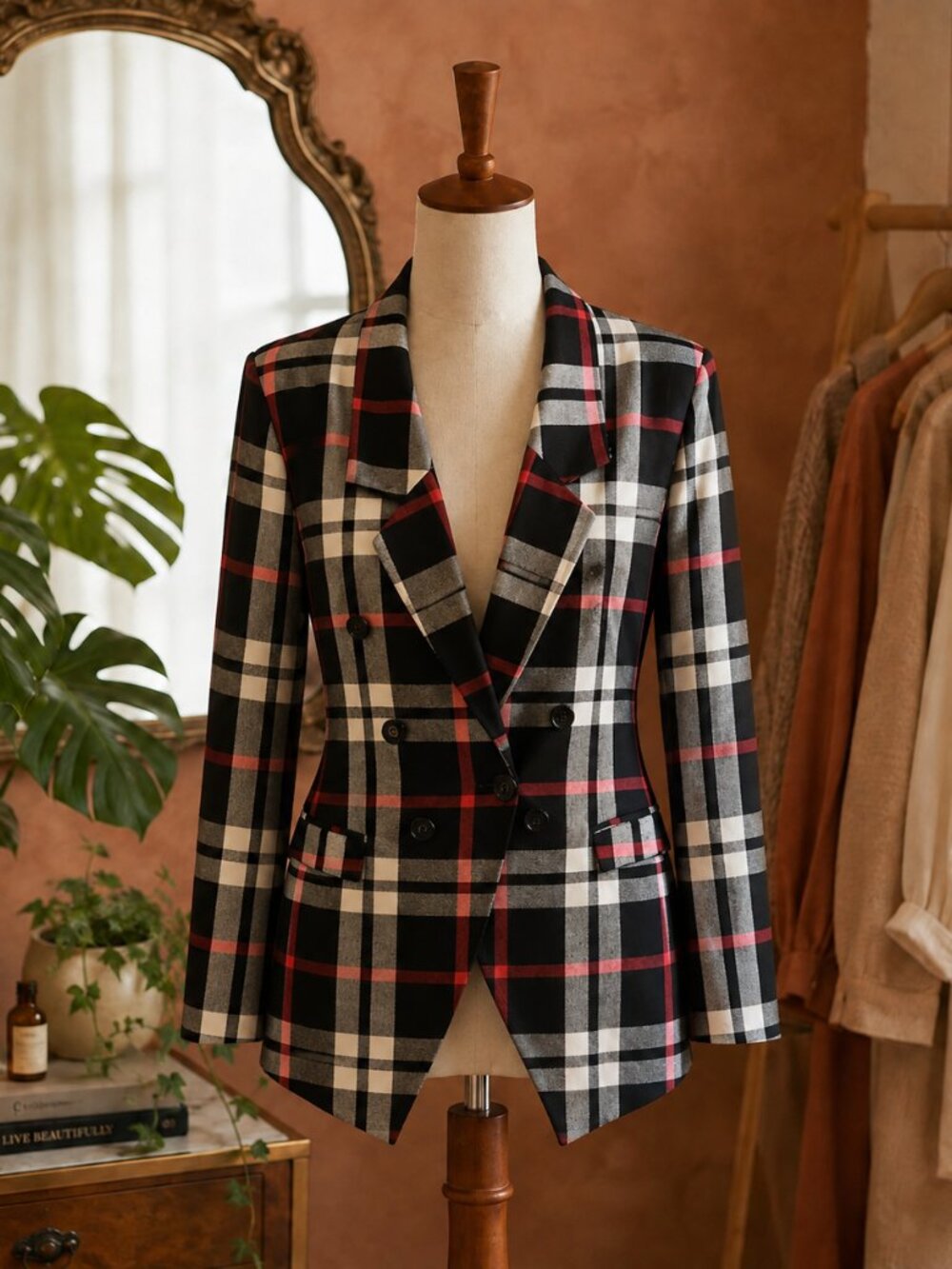 New York & Company Black, White & Red Plaid Double-Breasted Blazer